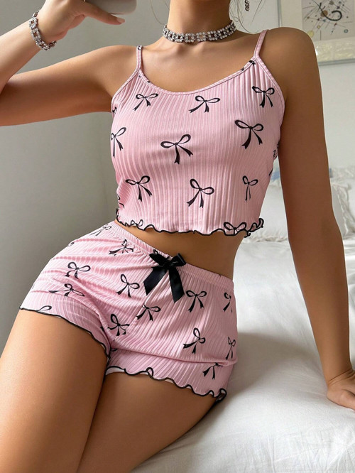 Kadın Siyah Fiyonklu Şortlu Takım Mini Pembe Rahat