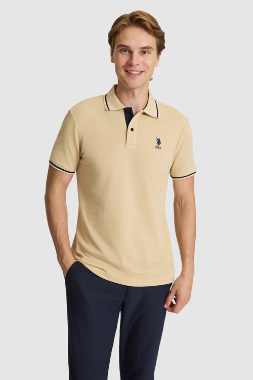 Erkek Bej Slim Fit Polo Yaka Basic Tişört