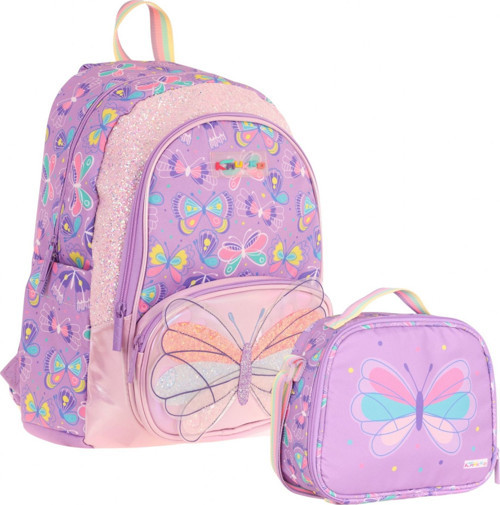 Lila Mor Kelebek Desenli Kız Çocuk Okul Çantası Seti STKK-L5222B (Çanta ve Beslenme Seti)