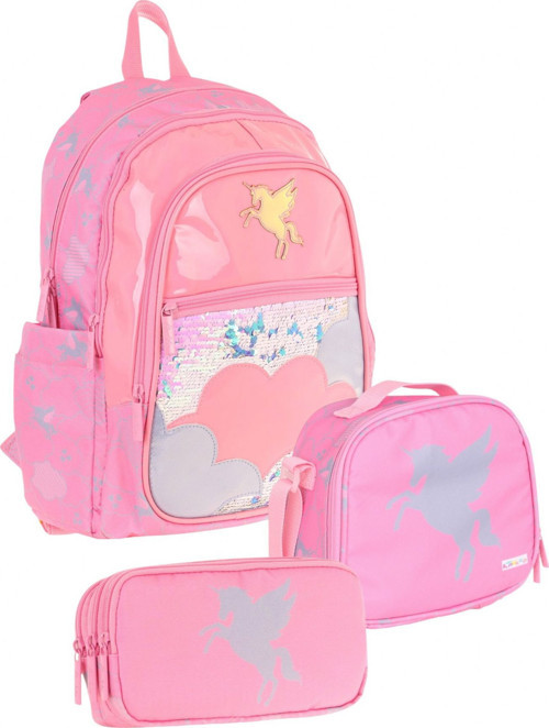 Pembe Pullu Bulut ve Pegasus Desenli Kız Çocuk İlkokul Üçlü Okul Çanta Seti STKK-L5218A