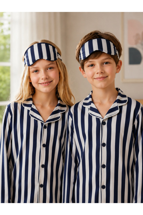 Kız Ve Erkek Çocuk Lacivert Pamuklu Çizgili Uzun Kollu Pijama Takımı + Göz Bandı