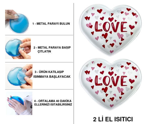 SIA 2 ADET SEVGİ MESAJLI KALP CEP SOBASI,EL ISITICI,SICAK SU TORBASI PVC 9cm