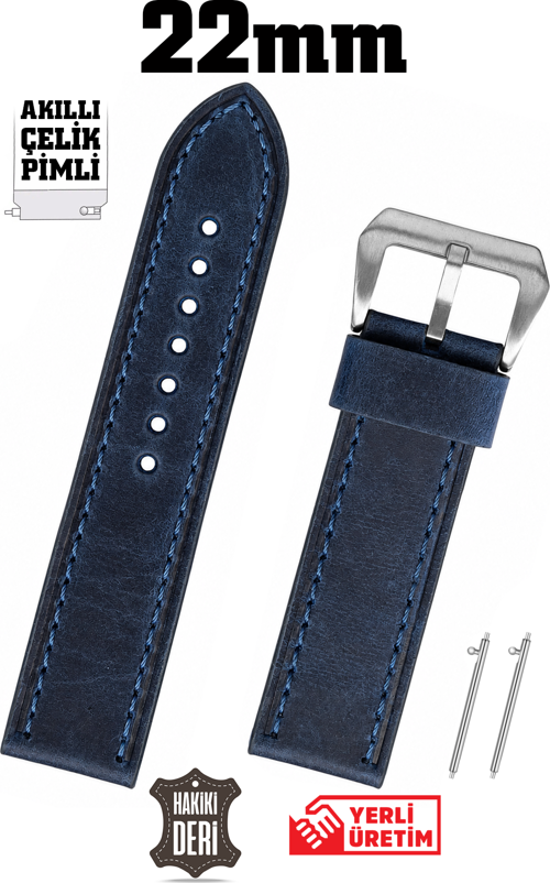 22mm Lacivert Spor Crazy Nubuk Hakiki Deri Saat Kordonu Kayış Akıllı Pimli