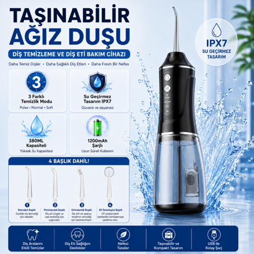 Şarjlı Ağız Duşu Oral İrrigatör, 380 ML, IPX7 Su Geçirmez, 3 Temizleme Modu, 4 Başlıklı Taşınabilir Diş Temizleme Cihazı Siyah