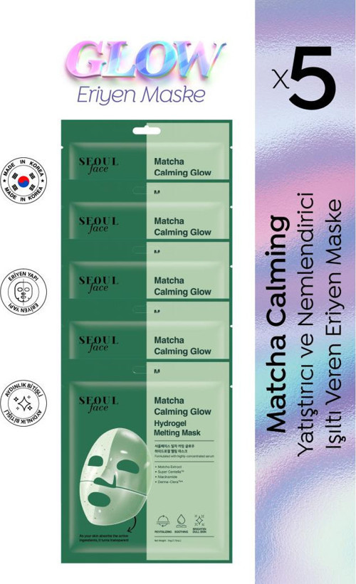 Seoul Face Matcha Yatıştırıcı Işıltı Veren Eriyen Glow Hidrojel Maske Kore Maske 34 gr 5 Adet