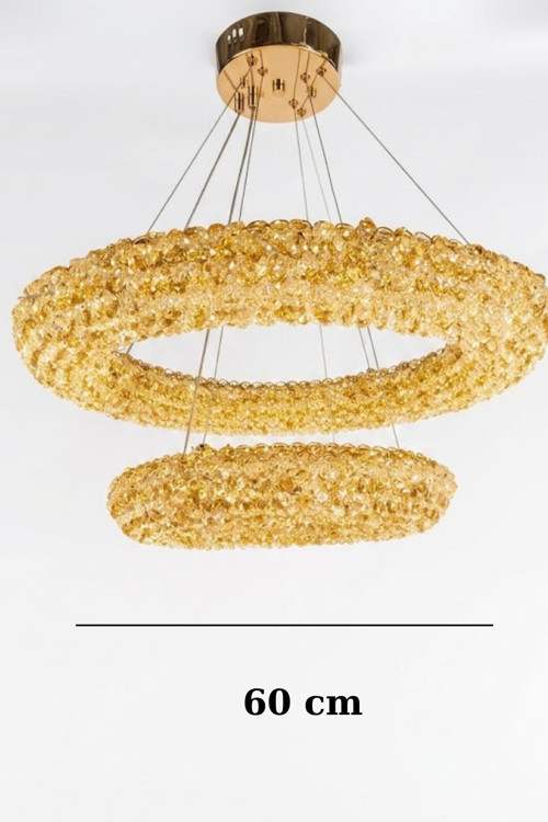 Çift Katlı Amber Kristal Taşlı Modern LED Halka Avize