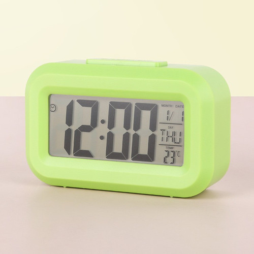 Mini Dijital Masa Saati ve Çalar Saat – LCD Ekranlı, Tarih ve Sıcaklık Göstergeli Alarm Saati 9 × 4,5 cm - Yeşil