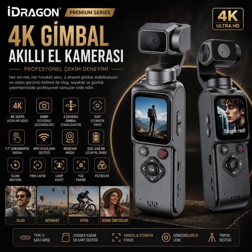 AT-M105 4K Gimbal Kamera Wi-Fi Bağlantılı Akıllı Takip Özellikli Vlog & Aksiyon Kamerası