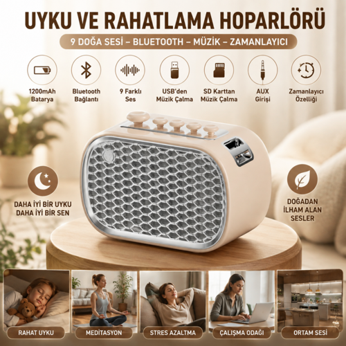 Retro Uyku Yardımcısı ve Bluetooth Hoparlör, 9 Doğal Rahatlatıcı Ses, Şarjlı, Meditasyon ve Rahatlama, USB SD Kart AUX,