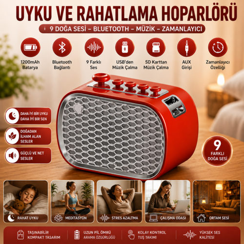 Retro Uyku Yardımcısı ve Bluetooth Hoparlör, 9 Doğal Rahatlatıcı Ses, Şarjlı, Meditasyon ve Rahatlama, USB SD Kart AUX,