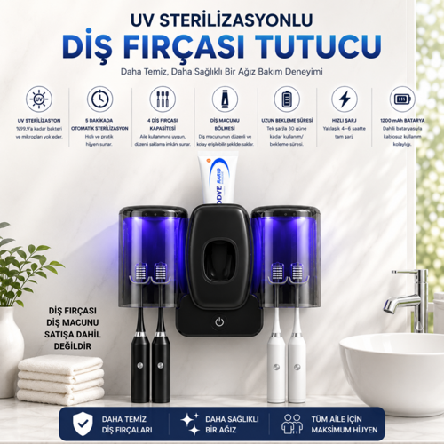 UV Sterilizasyonlu Diş Fırçası Tutucu, Otomatik Diş Macunu Dispenseri, 4 Fırça Kapasiteli, 1200mAh Şarjlı, Duvara Monte Siyah