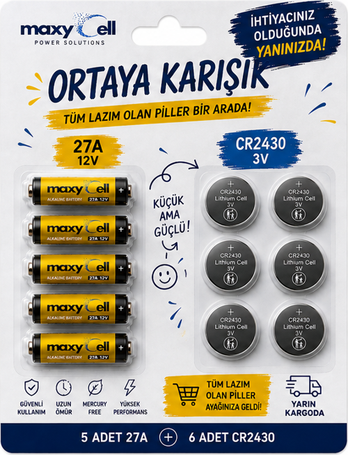 Maxycell Ortaya Karışık Pil Seti – 5 Adet 27A 12V Alkalin + 6 Adet CR2430 3V Lityum Pil