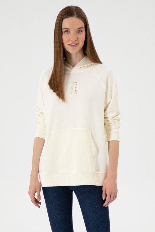 Kadın Krem Yırtmaçlı Kapüşonlu Sweatshırt 50313611-VR256