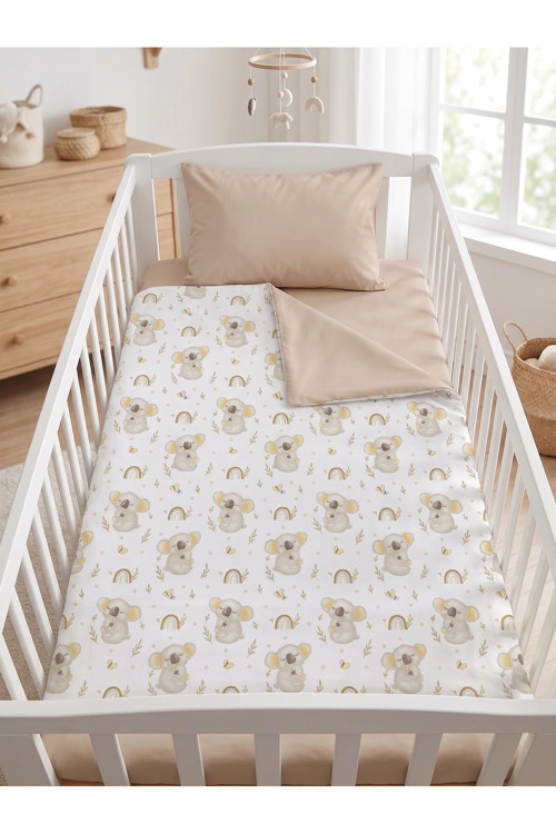 %100 Pamuk Koala Desenli Bebek Nevresim Takımı Bej - Beşik & Karyola Uyumlu 3 Parça Set