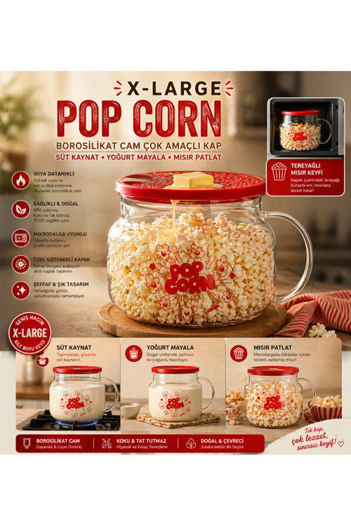 Cam Borosilikat X-Large Çok Amaçlı Popcorn & Yoğurt Kabı