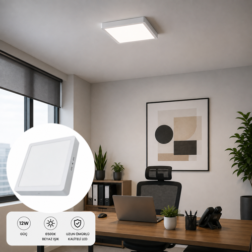 AP04-01230 12W Kare Sıva Üstü LED Panel 6500K Beyaz Işık Tavan Armatürü
