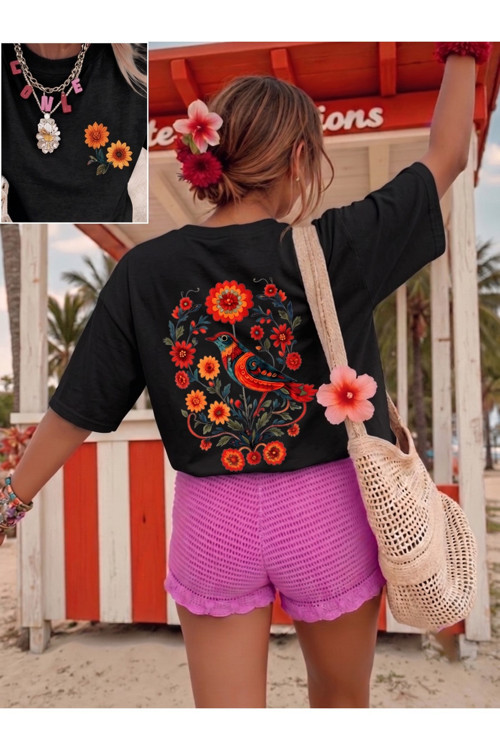 Boho-Chic Çiçekli Kuş Baskılı Tasarım Tshirt