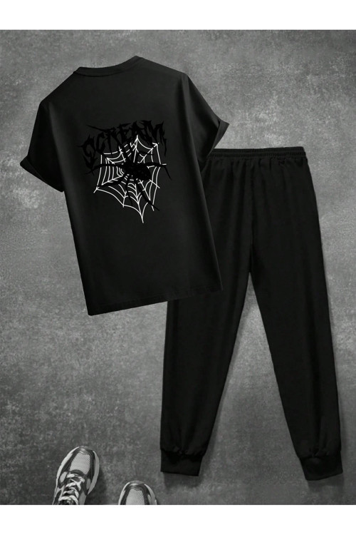 Unisex Scream Siyah Tasarım Basklı Tshirt Eşofman Takımı