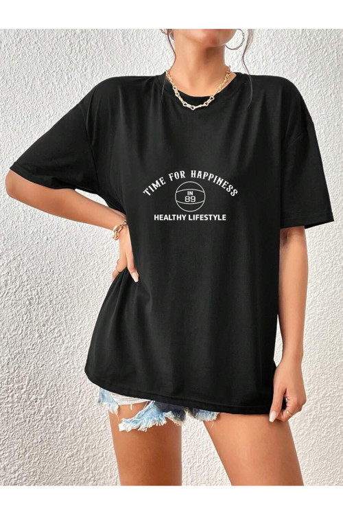 Unisex Time For Happiness Tasarım Basklı Tshirt