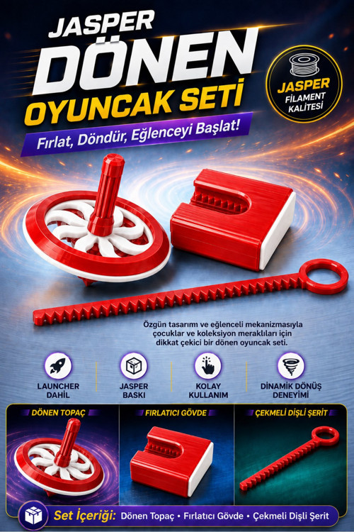 Kırmızı Beyaz Renkli Dönen Topaç Oyuncak Seti – Çekmeli Dişli Mekanizma, 3 Parça Eğlenceli Ço