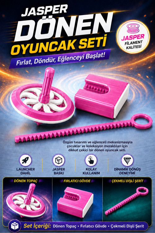 Pembe Renkli Dönen Topaç Oyuncak Seti – Çekmeli Dişli Mekanizma, 3 Parça Eğlenceli Çocuk Oyun