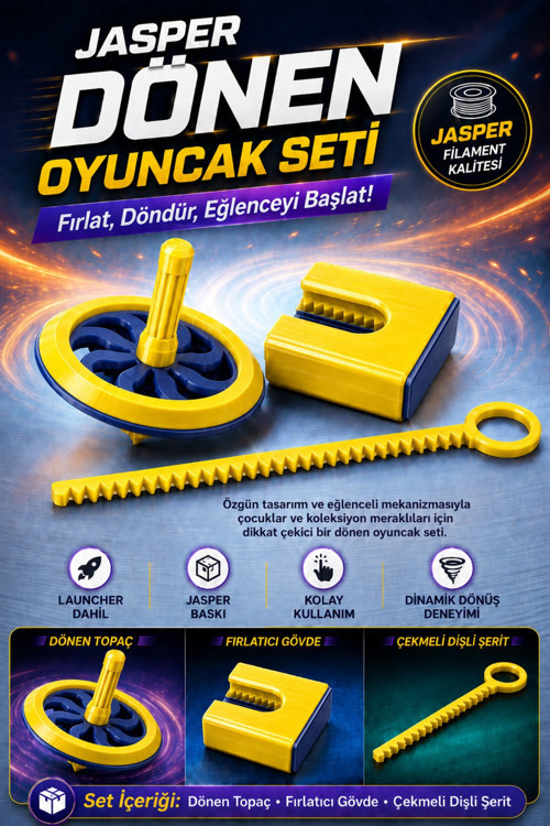 Sarı Lacivert Taraftar Renkli Dönen Topaç Oyuncak Seti – Çekmeli Dişli Mekanizma, 3 Parça Eğl