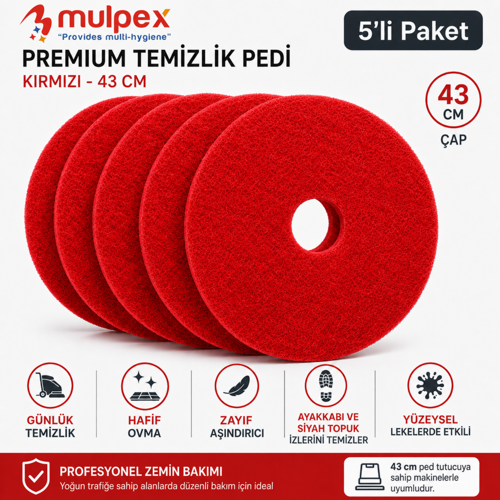 Premium 43 cm Kırmızı Zemin Temizlik Pedi 5’li Paket – Yer Yıkama Makinesi Pedi