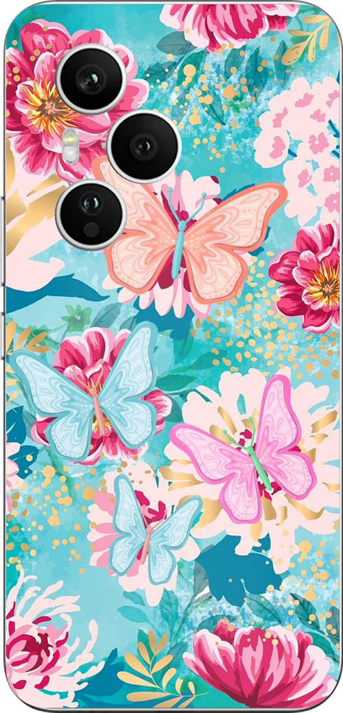 Honor 400 PRO Uyumlu Kelebekler ve Çiçekler Baskılı Silikon Kılıf