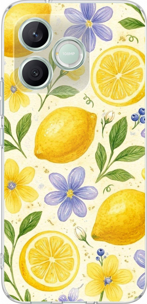 Honor 600 Lite Uyumlu Sulu Boya Limon ve Çiçek Desenli Baskılı Silikon Kılıf