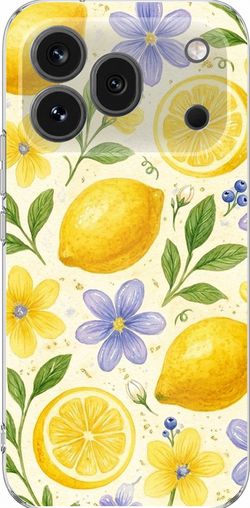 Honor 600 Pro Uyumlu Sulu Boya Limon ve Çiçek Desenli Baskılı Silikon Kılıf