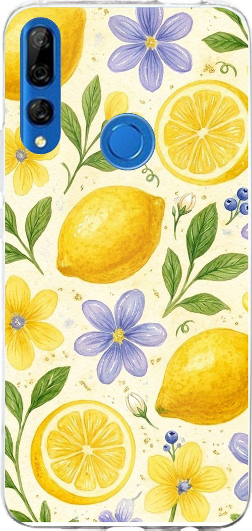 Honor 9X Uyumlu Sulu Boya Limon ve Çiçek Desenli Baskılı Silikon Kılıf
