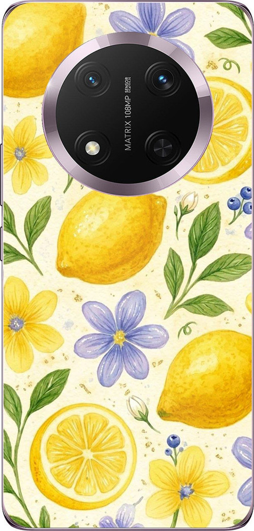 Honor Magic 7 Lite Uyumlu Sulu Boya Limon ve Çiçek Desenli Baskılı Silikon Kılıf