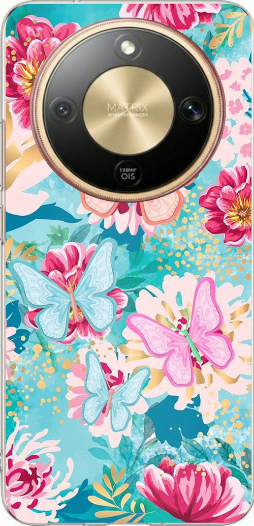 Honor Magic 8 Lite Uyumlu Kelebekler ve Çiçekler Baskılı Silikon Kılıf