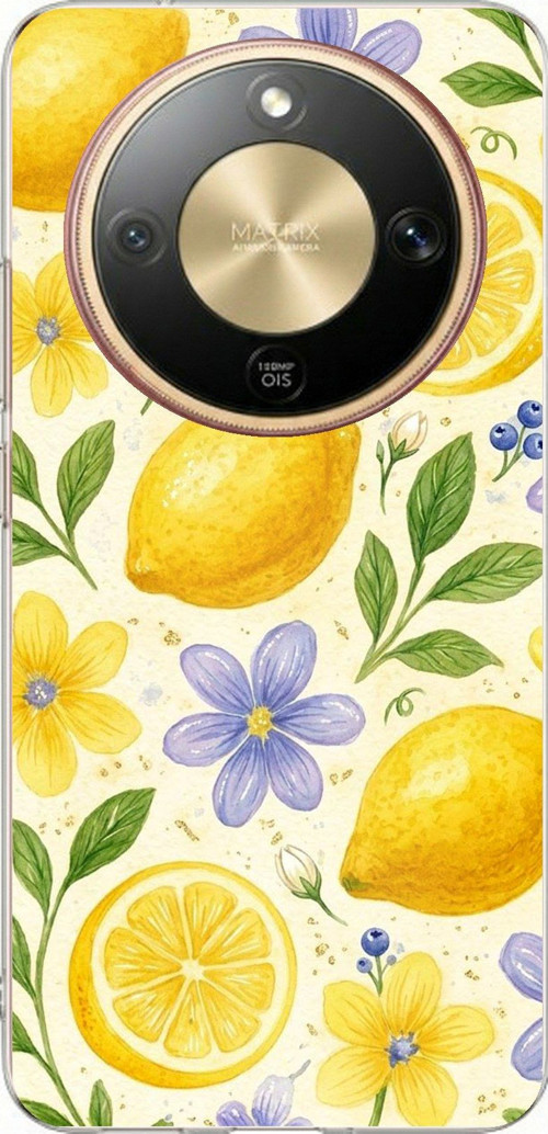 Honor Magic 8 Lite Uyumlu Sulu Boya Limon ve Çiçek Desenli Baskılı Silikon Kılıf
