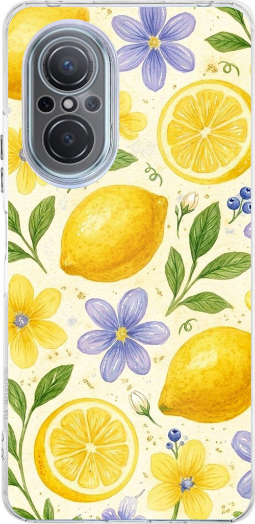 Huawei Nova 9 Se Uyumlu Sulu Boya Limon ve Çiçek Desenli Baskılı Silikon Kılıf
