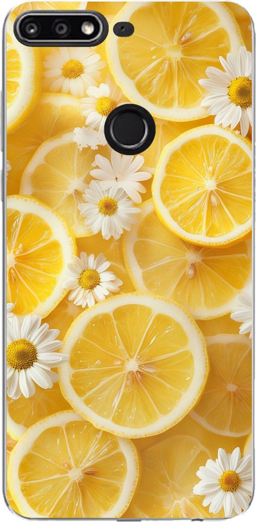 Huawei Y7 2018 - Honor 7C Uyumlu Limon Dilimleri ve Papatya Desenli Baskılı Silikon Kılıf