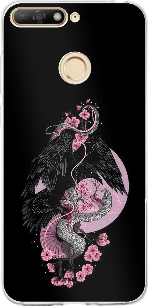 Huawei Y6 2018 - Honor 7A Uyumlu Pembe Siyah Yılan Baskılı Silikon Kılıf