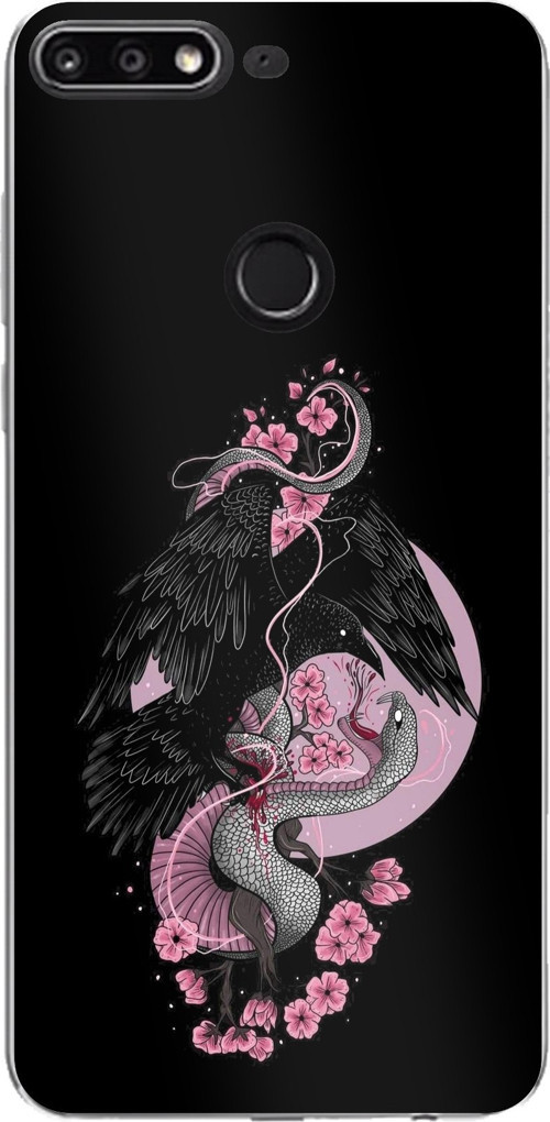 Huawei Y7 2018 - Honor 7C Uyumlu Pembe Siyah Yılan Baskılı Silikon Kılıf