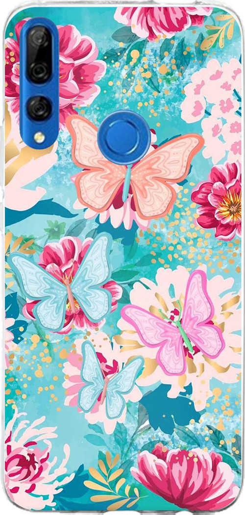 Huawei Y9 Prime (2019) Uyumlu Kelebekler ve Çiçekler Baskılı Silikon Kılıf
