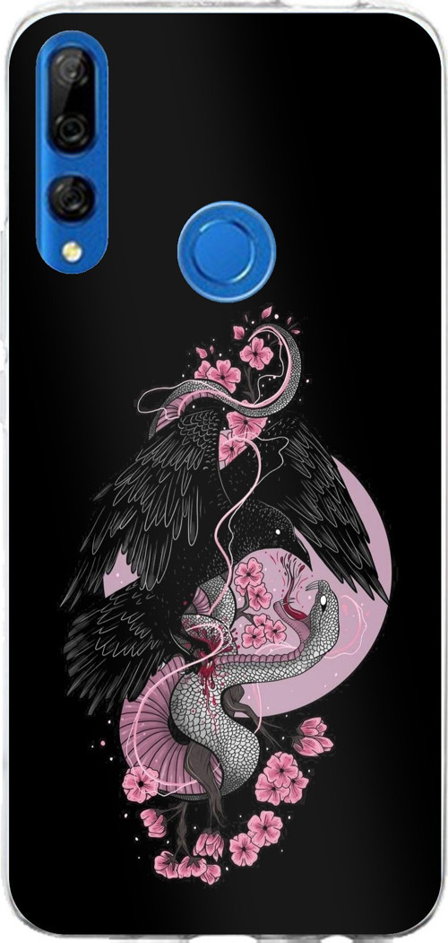 Huawei Y9 Prime (2019) Uyumlu Pembe Siyah Yılan Baskılı Silikon Kılıf