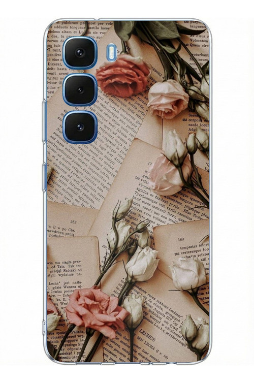 Infinix Hot 60 - Hot 60i Uyumlu Retro Gazete Güller Tasarımlı Baskılı Silikon Kılıf
