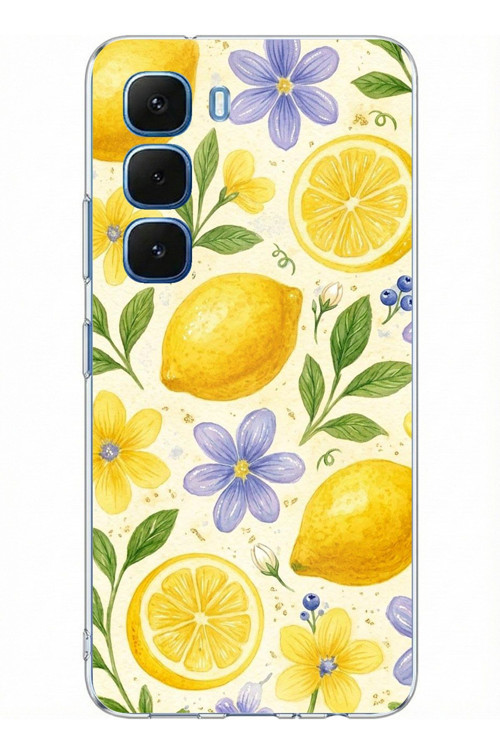 Infinix Hot 60 - Hot 60i Uyumlu Sulu Boya Limon ve Çiçek Desenli Baskılı Silikon Kılıf
