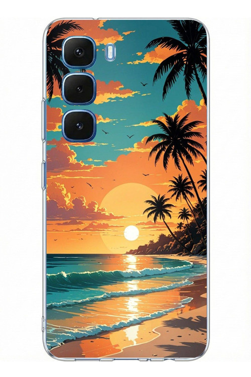 Infinix Hot 60 - Hot 60i Uyumlu Tropikal Sahil ve Gün Batımı Baskılı Silikon Kılıf