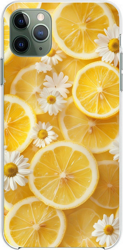 iPhone 11 Pro Max Uyumlu Limon Dilimleri ve Papatya Desenli Baskılı Silikon Kılıf