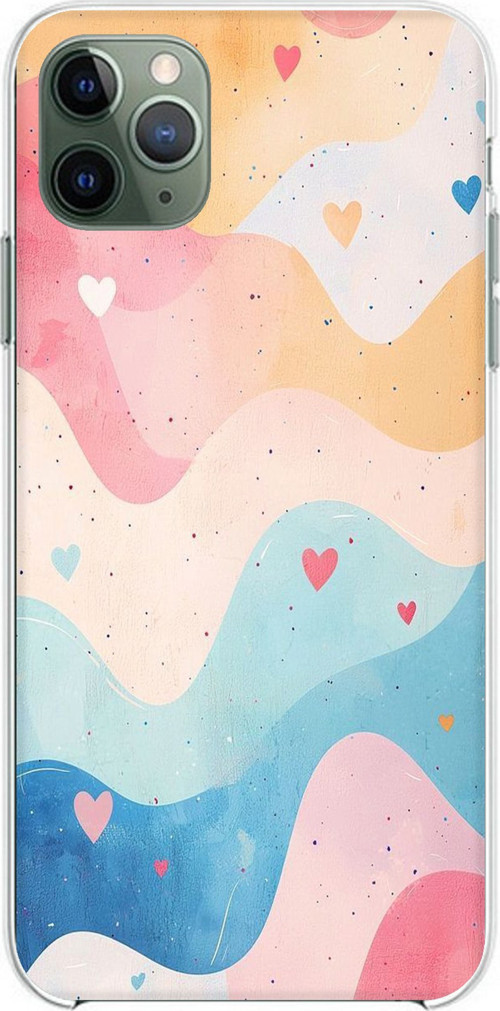 iPhone 11 Pro Max Uyumlu Pastel Renkli Dalgalı ve Kalp Baskılı Silikon Kılıf