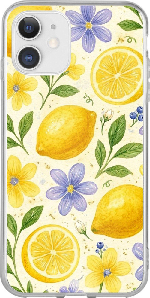 iPhone 11 Uyumlu Sulu Boya Limon ve Çiçek Desenli Baskılı Silikon Kılıf