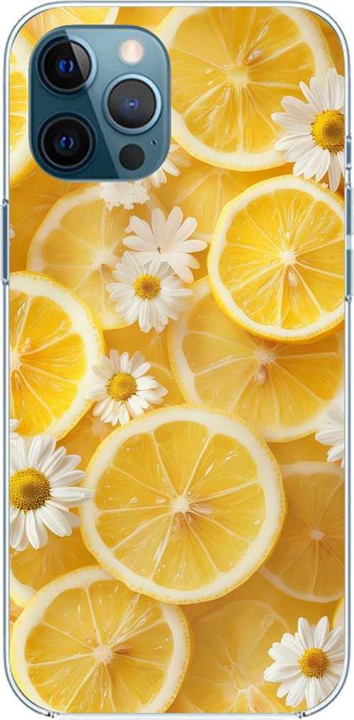 iPhone 12 PRO MAX Uyumlu Limon Dilimleri ve Papatya Desenli Baskılı Silikon Kılıf
