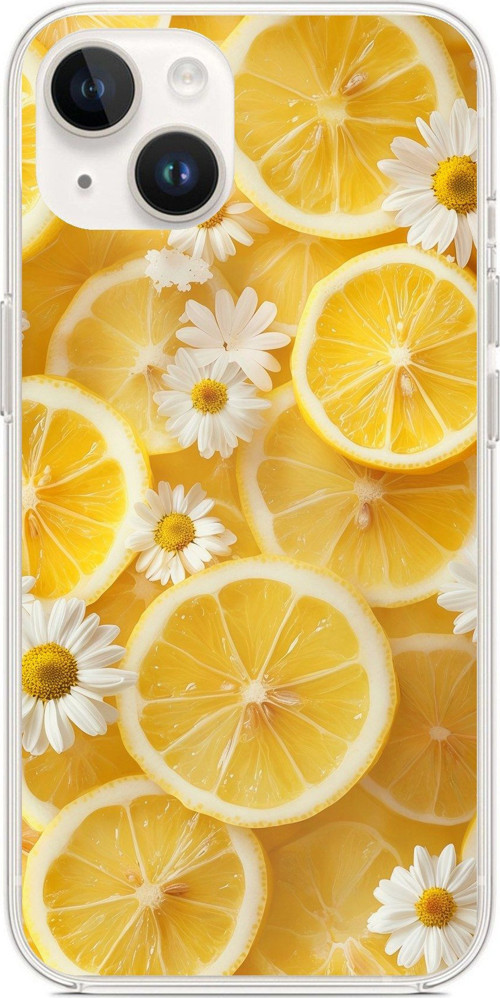 iPhone 14 PLUS Uyumlu Limon Dilimleri ve Papatya Desenli Baskılı Silikon Kılıf