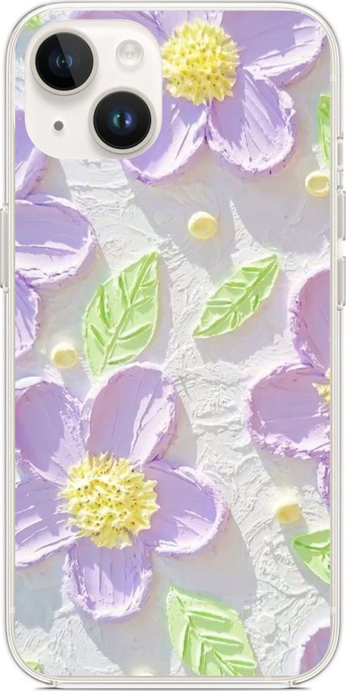 iPhone 14 PLUS Uyumlu Mor Papatyalar Sulu Boya Baskılı Silikon Kılıf