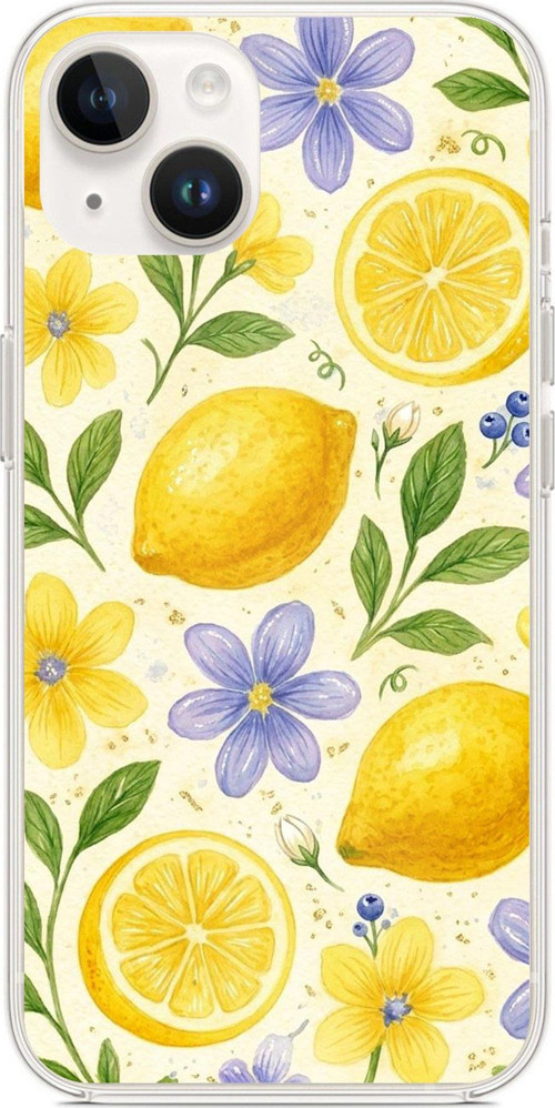 iPhone 14 PLUS Uyumlu Sulu Boya Limon ve Çiçek Desenli Baskılı Silikon Kılıf